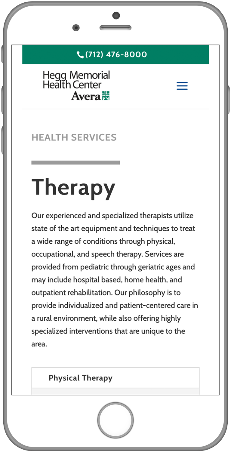 Preview image of Hegg Memorial Health Center inner page on mobile