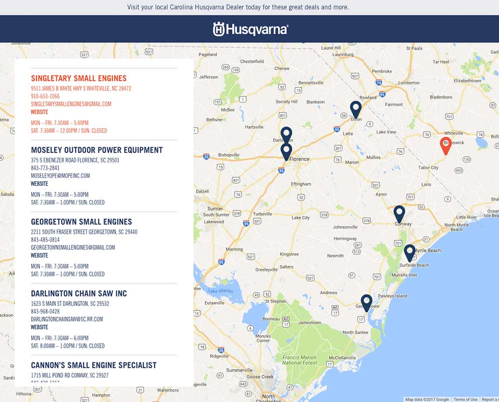 Preview image of Husqvarna Carolinas landing page closeup of map