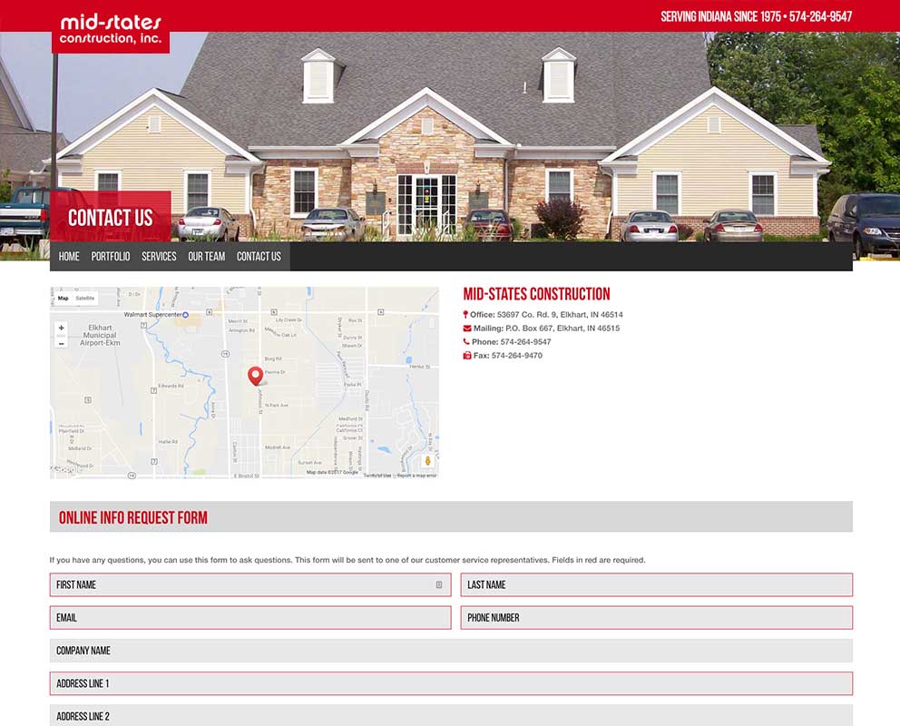 Preview image of Mid-States Construction contact page